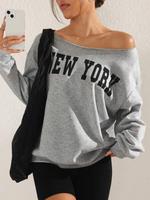 Women's Letter Print Asymmetrical Neck Pullover, Casual Long Sleeve Crew Neck Sweatshirt for Daily Wear, Ladies Clothes for A...