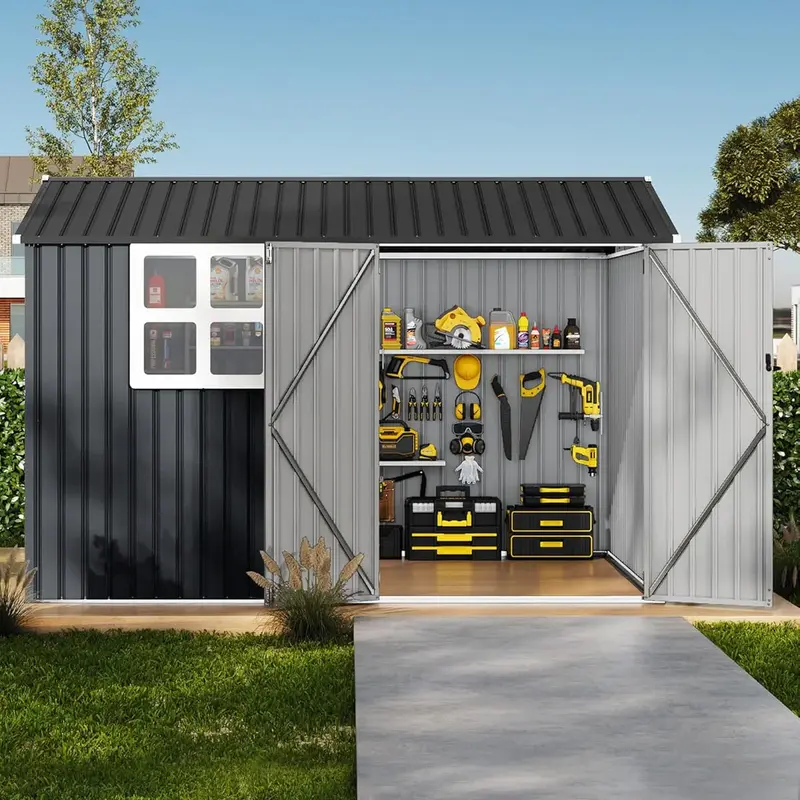 Garvee 8x10 ft Outdoor Metal Storage Shed with Lockable Doors, Windows, Galvanized Steel, Sloped Roof, Ventilation, Dark Gray...