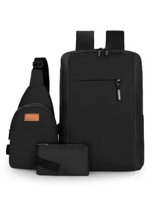 3pcs Men's Minimalist Business Style Zipper Laptop Backpack Set, 2025 New Stylish Including Computer Bag & Letter Patch Decor...
