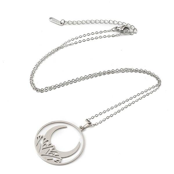 Non-Tarnish 201 Stainless Steel Moon Pendant Necklace with Cable Chains