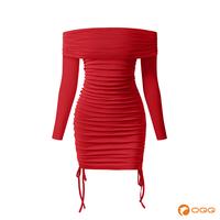 OQQfitness Womenswear Sexy Side Drawstring Ruffle Stretchy Skinny Wrap Hip Drop Shoulder Long Sleeve Dress-Lady Casual Wear