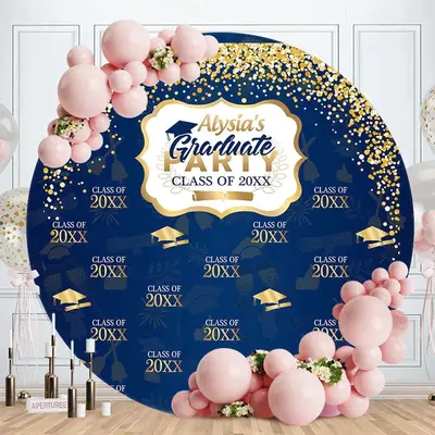 Aperturee Gold Glitter Navy Blue Round Graduation Party Backdrop | Graduation Photo Backdrop | Personalized Graduation Backdr...