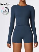 Women's Solid Long Sleeve Tee & Skinny Shorts Sports Clothing Set, Sporty Round Neck Top & High Stretch Shorts for Fall, Ladi...