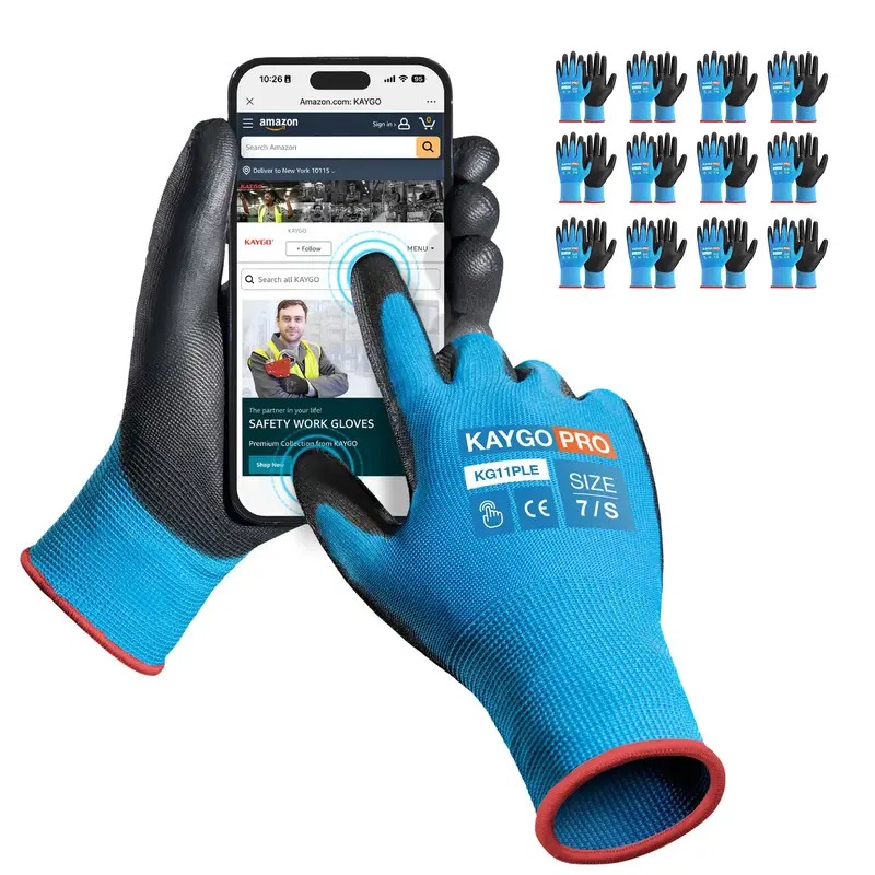KAYGO Work Gloves for Men & Women PU Coated 12 Pairs ,Black Seamless Knit Glove with Polyurethane，Finger Touchscreen, for M...