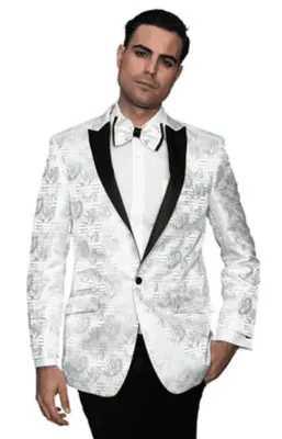 Men's Flashy Fancy Satin Shiny Tuxedo Dinner Jacket Blazer Paisley Sport Coat Silky Satin Stage Fancy Stage Party Dance White...