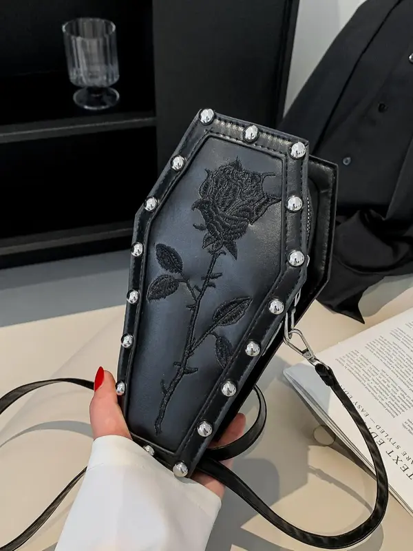 Women's Fashionable Floral Embroidered Design Crossbody Bag, Summer Punk Style Rivet Decor Box Bag, All-match Commuter Every...