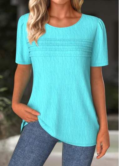 Modlily Cyan Short Sleeve Round Neck T Shirt - S
