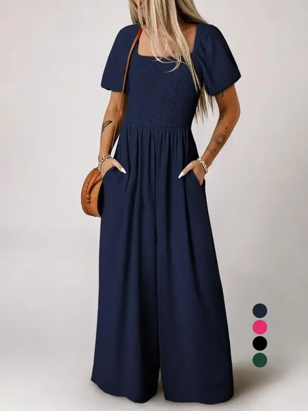 Women's Plain Puff Sleeve Pocket Shortsleeve Shirred Wide Leg Jumpsuit, Basic Fashion Casual Short Sleeve Square Neck High Wa...
