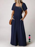 Women's Plain Puff Sleeve Pocket Shortsleeve Shirred Wide Leg Jumpsuit, Fashion Casual Short Sleeve Square Neck High Waist Ju...