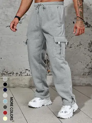 Men's Plain Pockets Drawstring Waist Wide Leg Pants, Fashion Casual Loose Fit Straight Leg Trousers, Men's Tracksuit for Fitn...