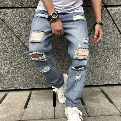 Vintage Distressed Loose Men Washed Blue Denim Pants Stylish Men's Ripped Hole Straight Biker Jeans Male Trousers Menswear Un...