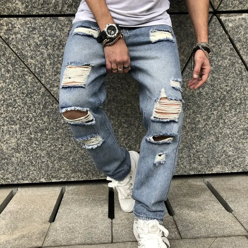 Vintage Distressed Loose Men Washed Blue Denim Pants Stylish Men's Ripped Hole Straight Biker Jeans Male Trousers Menswear Un...
