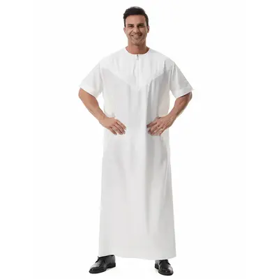 Solid-Color Short-Sleeve Loose Breathable Casual Fashionable Long-Shirt Robe - Muslim Apparel