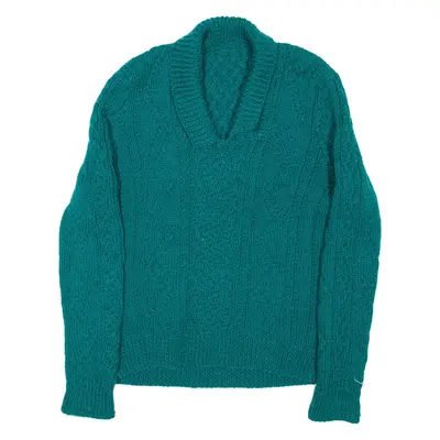 Womens Heavy Knit Jumper Green Collared Cable Knit S