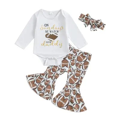 Newborn Baby Girl Football Outfit On Sundays We Watch Football with Daddy Romper and Flare Pants with Headband Set