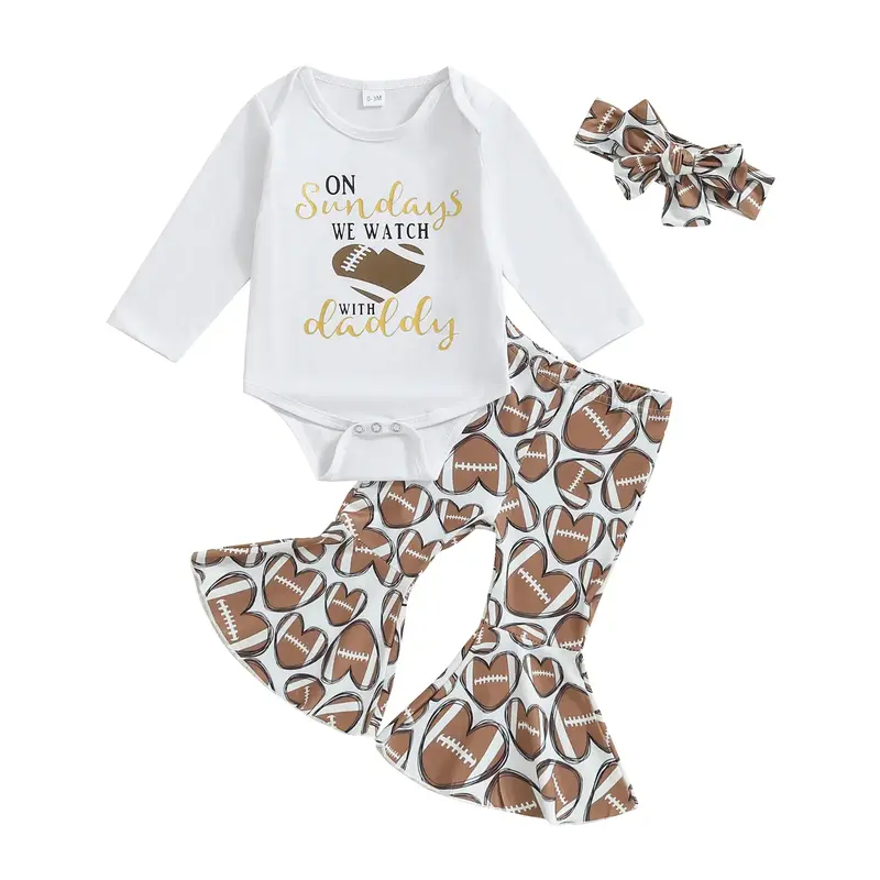 Newborn Baby Girl Football Outfit On Sundays We Watch Football with Daddy Romper and Flare Pants with Headband Set