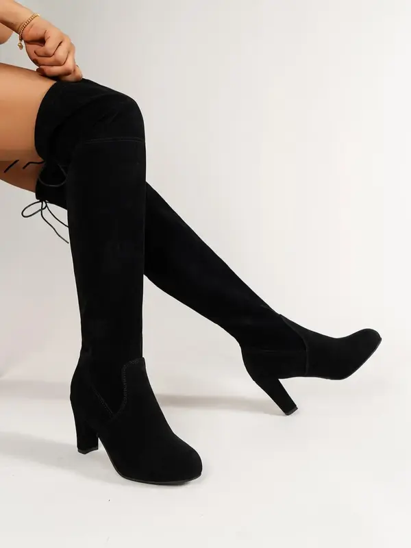 Women's Solid Over-the-knee Boots, Elegant Comfort Fashionable Lace up Cone Boots for Fall & Winter, 2024 New Fashion Boots f...