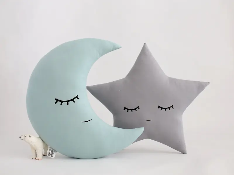 Set of 2 Pillows - Gray Star Pillow and Dusty Mint Crescent Moon Pillow