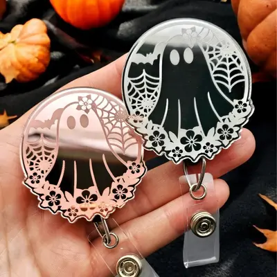 Floral Ghost Badge Reel with Swivel Clip - Engraved Acrylic Topper - Retractable - Halloween Badge Reel for Nurses