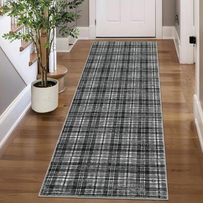 Garvee Washable Runner Rug 2x8 Modern Tartan Plaid Non-Slip Soft Faux Wool Low Pile Durable Entryway Kitchen Bathroom