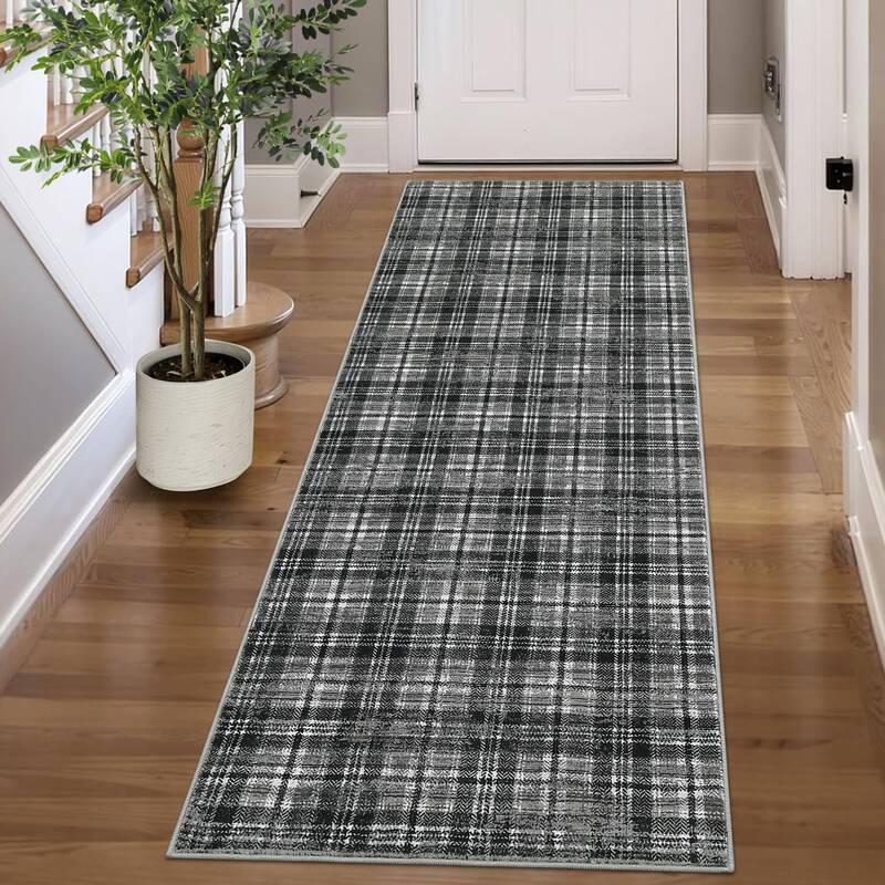 Garvee Washable Runner Rug 2x8 Modern Tartan Plaid Non-Slip Soft Faux Wool Low Pile Durable Entryway Kitchen Bathroom