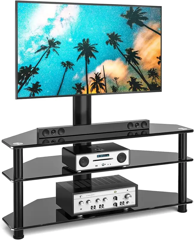 Rfiver Swivel Glass TV Stand with Mount for 32-70 Inch Flat or Curved Screen TV up to 110lbs