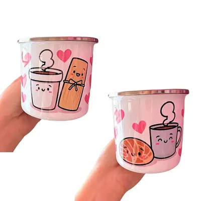 Food Couple Hearts Mini Mug. 10oz Stainless Steel. 2 Different Designs Available. These DO NOT come with Lid or Straw.