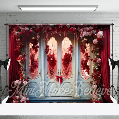 Romantic White Door Red Rose Curtain Floral Backdrop - Aperturee