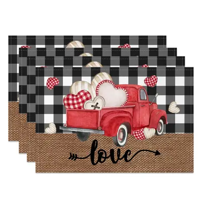 Aperturee Romantic Valentines Red Truck Love Set Of 4 Placemats, 14x12 Inch, 15.8 USD, NYJY00399-S, placemats