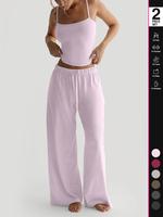 Women's Solid Cami Top & Wide Leg Pants Lounge Set, Casual Comfy Pyjama Set for Women, Comfy Loungewear Set for Daily Home We...