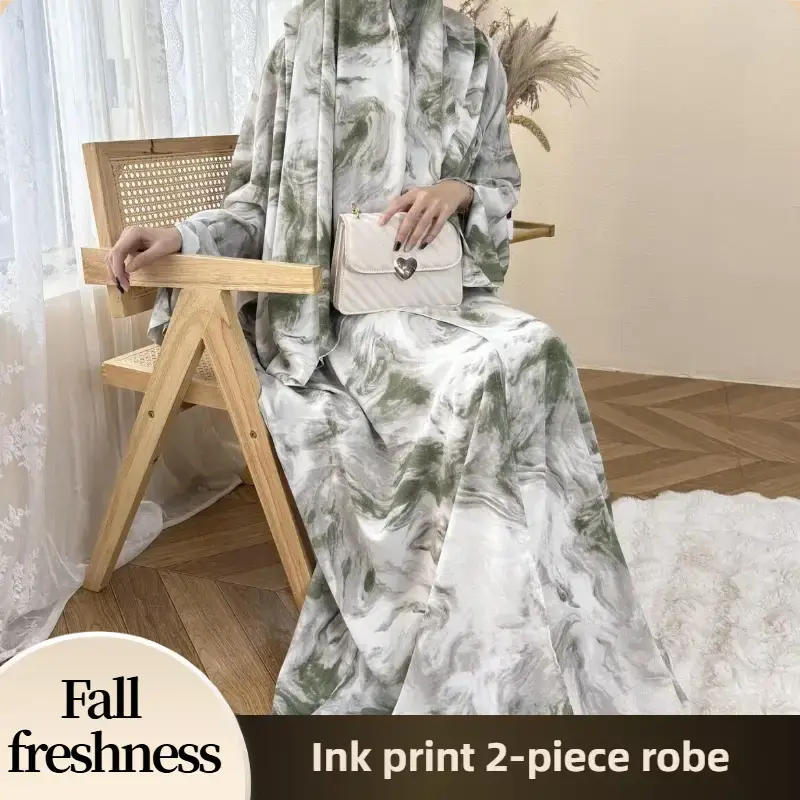 【FallFreshness】CL68 Ink Printed Holiday Style Robe Cardigan With Hijab Set, New Summer Dress, Artistic Bat Sleeve Fashion...