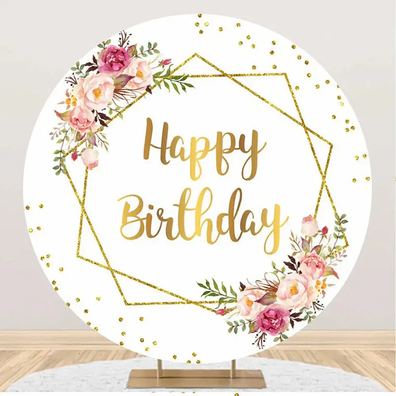 White Gold Glitter Floral Round Birthday Backdrop - Aperturee