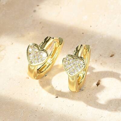 Heart Brass Micro Pave Clear Cubic Zirconia Hoop Earrings
