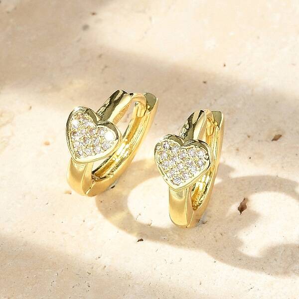 Heart Brass Micro Pave Clear Cubic Zirconia Hoop Earrings