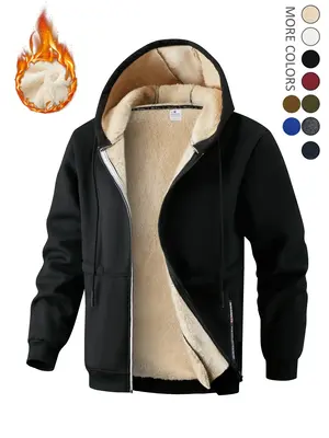 Men's Solid Zip Up Pocket Plush Lined Drawstring Hooded Jacket, Regular Fit Casual Warm Long Sleeve Outerwear for Fall & Wi...