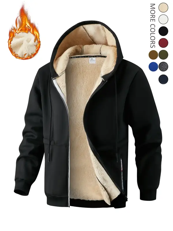 Men's Solid Zip Up Pocket Plush Lined Drawstring Hooded Jacket, Regular Fit Casual Warm Long Sleeve Outerwear for Fall & Wi...