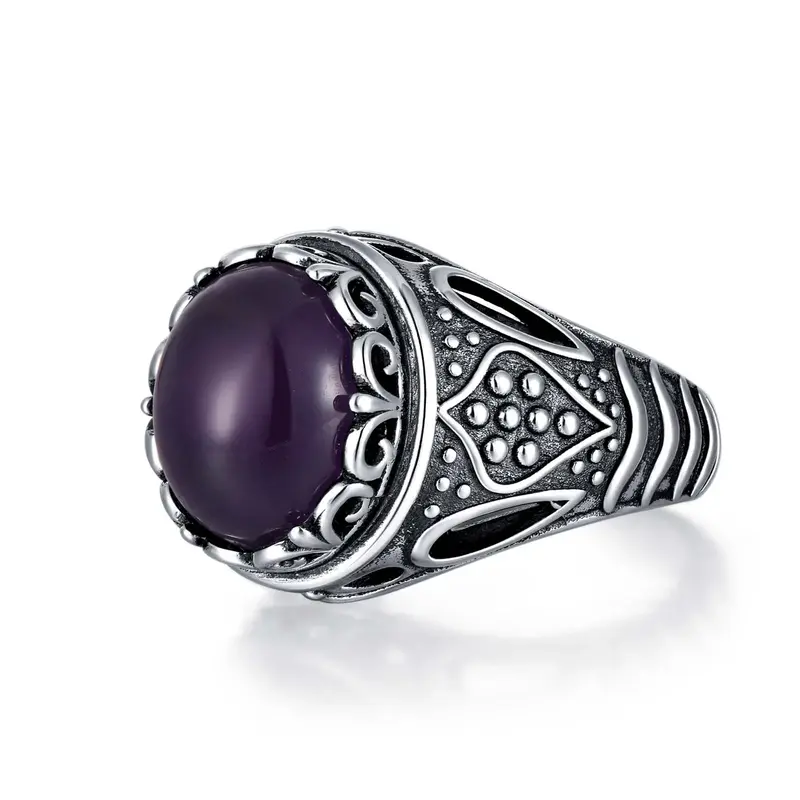 10K Gold Retro Silver Round Cut Amethyst Ring for Men