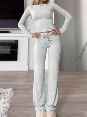 Women's Solid Long Sleeve Crop Top & Drawstring Waist Straight Leg Pants Loungewear Set, Casual Comfy Round Neck Top & Trouse...