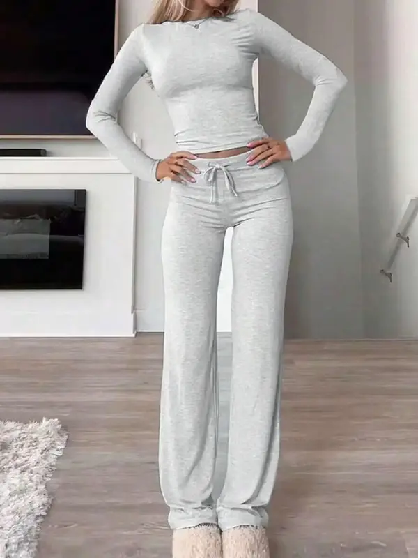 Women's Solid Long Sleeve Crop Top & Drawstring Waist Straight Leg Pants Loungewear Set, Casual Comfy Round Neck Top & Trouse...