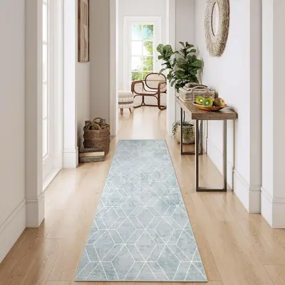 Garvee Modern 2x6 Runner Rug with Geometric Pattern, Soft Low Pile, Non-Slip Backing, Faux Wool, Machine Washable, Grey for E...