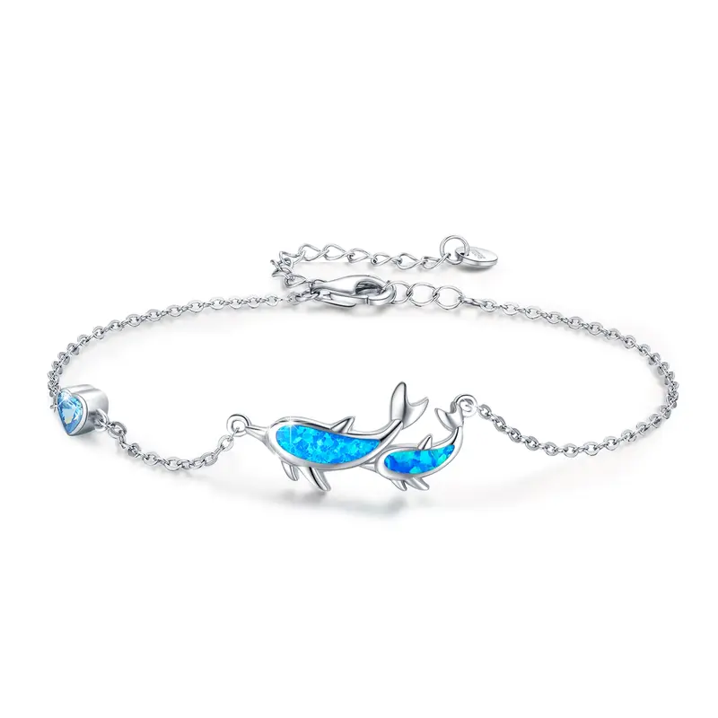 Sterling Silver Blue Opal Dolphin Charm Bracelet For Women