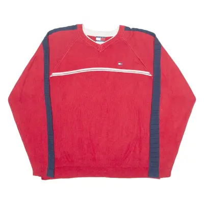 TOMMY HILFIGER Womens Jumper Red V-Neck Tight Knit M