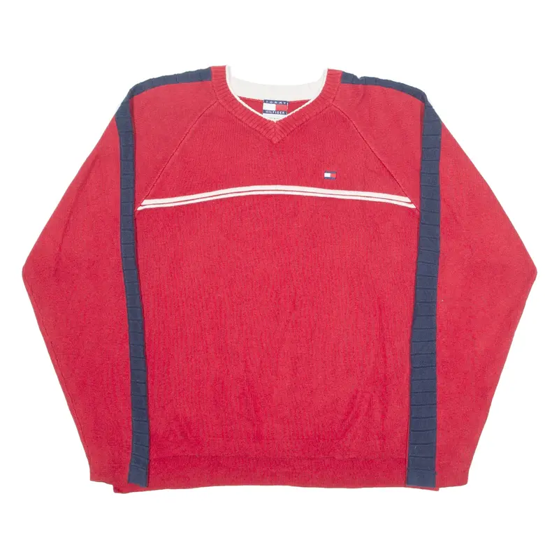 TOMMY HILFIGER Womens Jumper Red V-Neck Tight Knit M