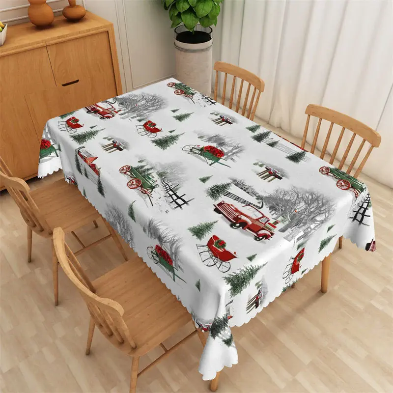 Red Car Pine Tree Sleigh Repeat Christmas Tablecloth - Aperturee