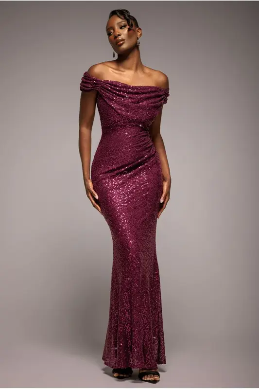 Goddiva Cap Sleeve Iridescent Sequin Cowl Maxi Dress - Burgundy Red