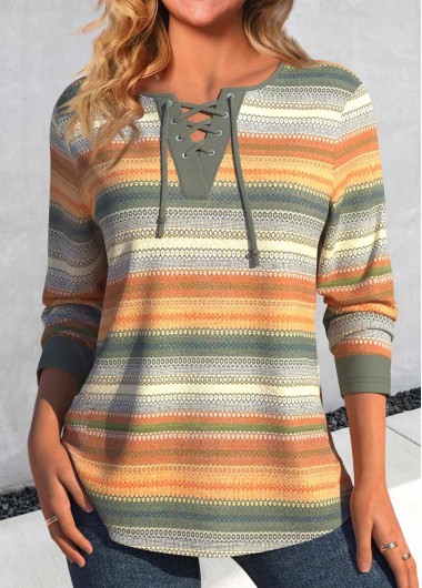 Modlily Multi Color Lace Up Striped T Shirt - XXL