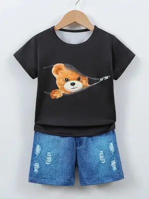 Two-piece Set Boy's Bear Print Short Sleeve Tee & Denim-effect Print Shorts, Casual Round Neck T-shirt & Shorts, Summer Out...