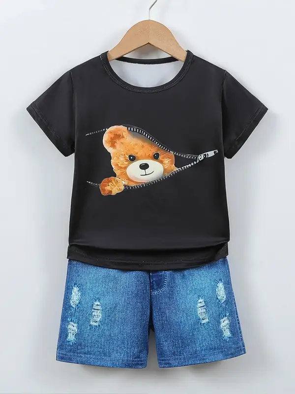 Two-piece Set Boy's Bear Print Short Sleeve Tee & Denim-effect Print Shorts, Casual Round Neck T-shirt & Shorts, Summer Out...