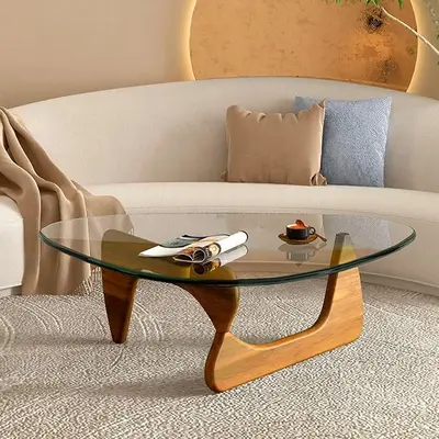 Coffee Table for Living Room, Triangle Glass Coffee Table with Wooden Base, Mid-Century Modern Low Minimalist Tea Coffee Tabl...