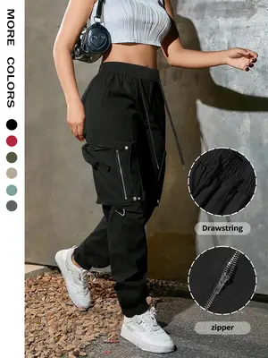 Women's Solid Pocket Drawstring Cargo Pants, Street Fashion Casual Trousers for Daily Wear, Ladies Bottoms for Spring & Fall,...
